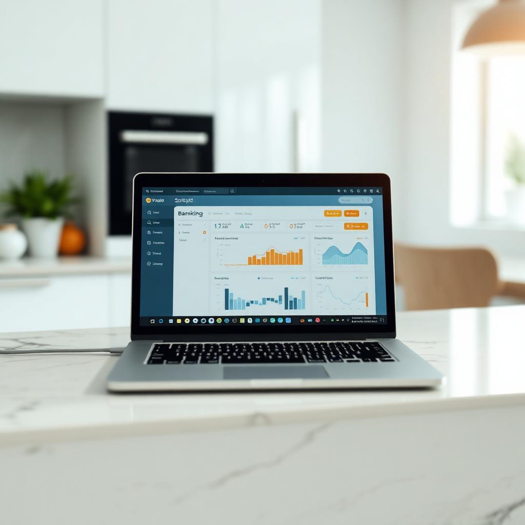 Laptop on a kitchen counter showing the OneUnited online b4nking dashboard